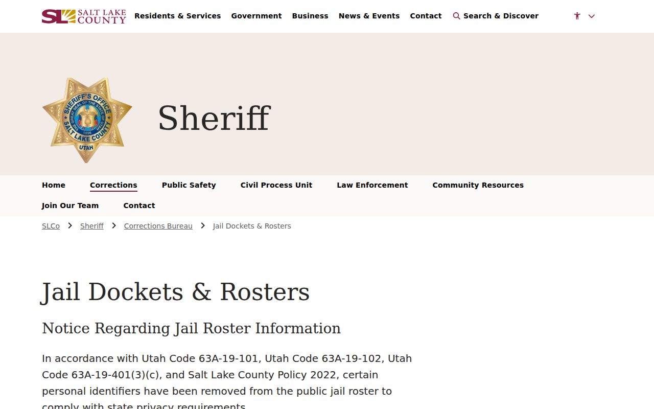 Salt Lake County public records jail roster and privacy notice
