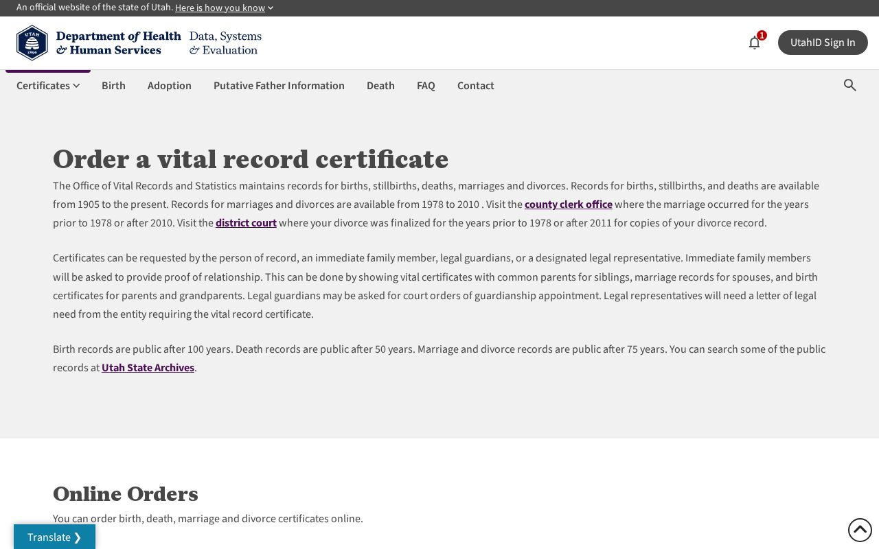 Salt Lake County public records certificate ordering choices