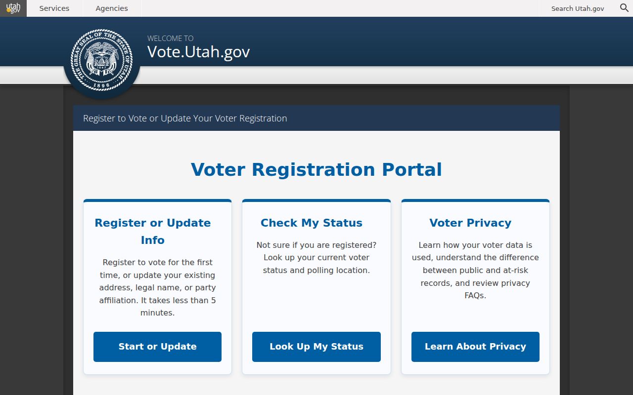 Salt Lake County voter registration status portal with Check My Status options