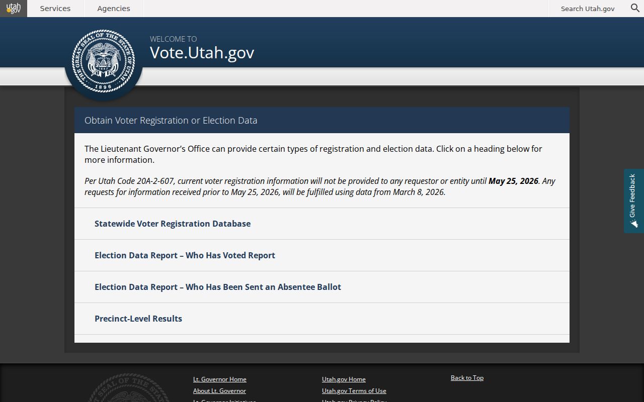 Salt Lake County voter registration file request options on Utah election data portal